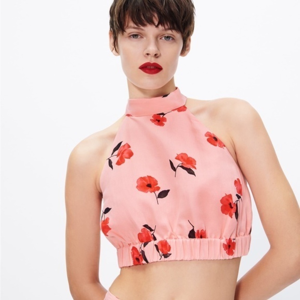 Brand New Zara Floral Crop Halter Linen Top Size L & XL